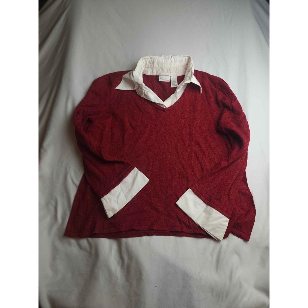 Kim Rogers Red Layered Look Sweater White Collar Cuffs V-Neck Plus Womens XL